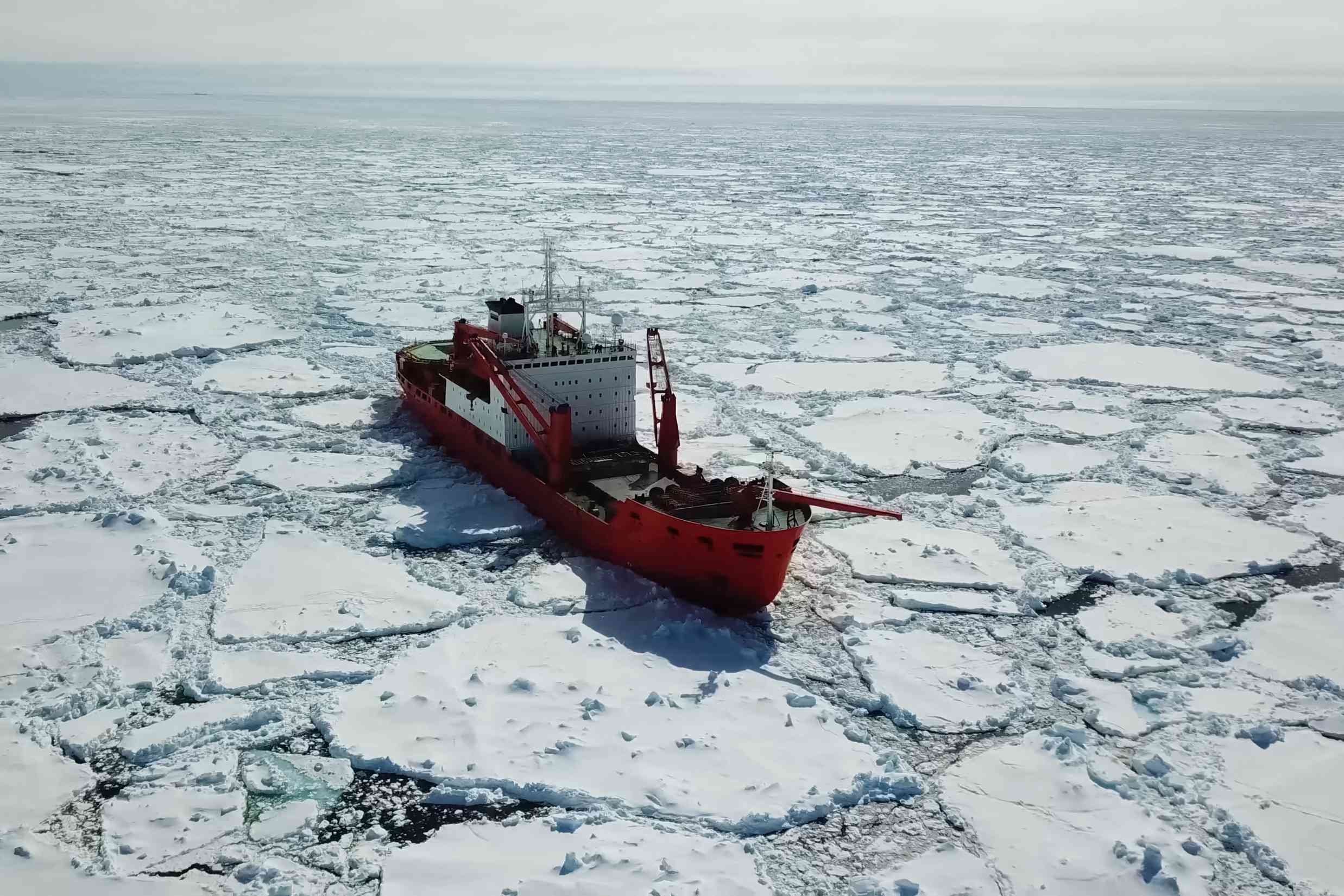 一艘破冰船航行在大块的北极海冰上。＂width=