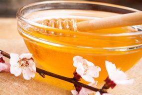 杏花和蜂蜜，玻璃碗