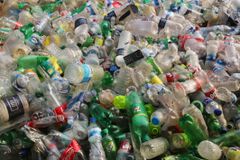 在孟加拉国的达卡,塑料瓶的回收工厂。