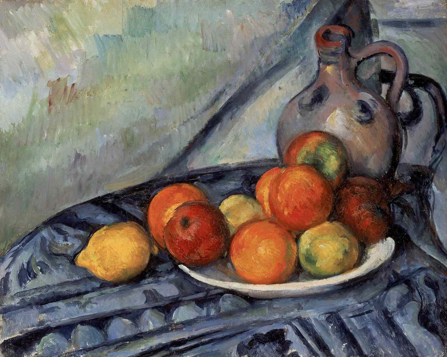 cézanne的桌子上的水果和水罐
