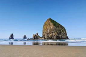 一个大岩石庞然大物在沙滩上冲浪
