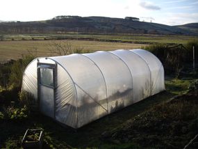 Polytunnel'温室'在阿伯丁附近的山寨花园里。