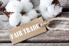 棉花和公平贸易标签，木质背景