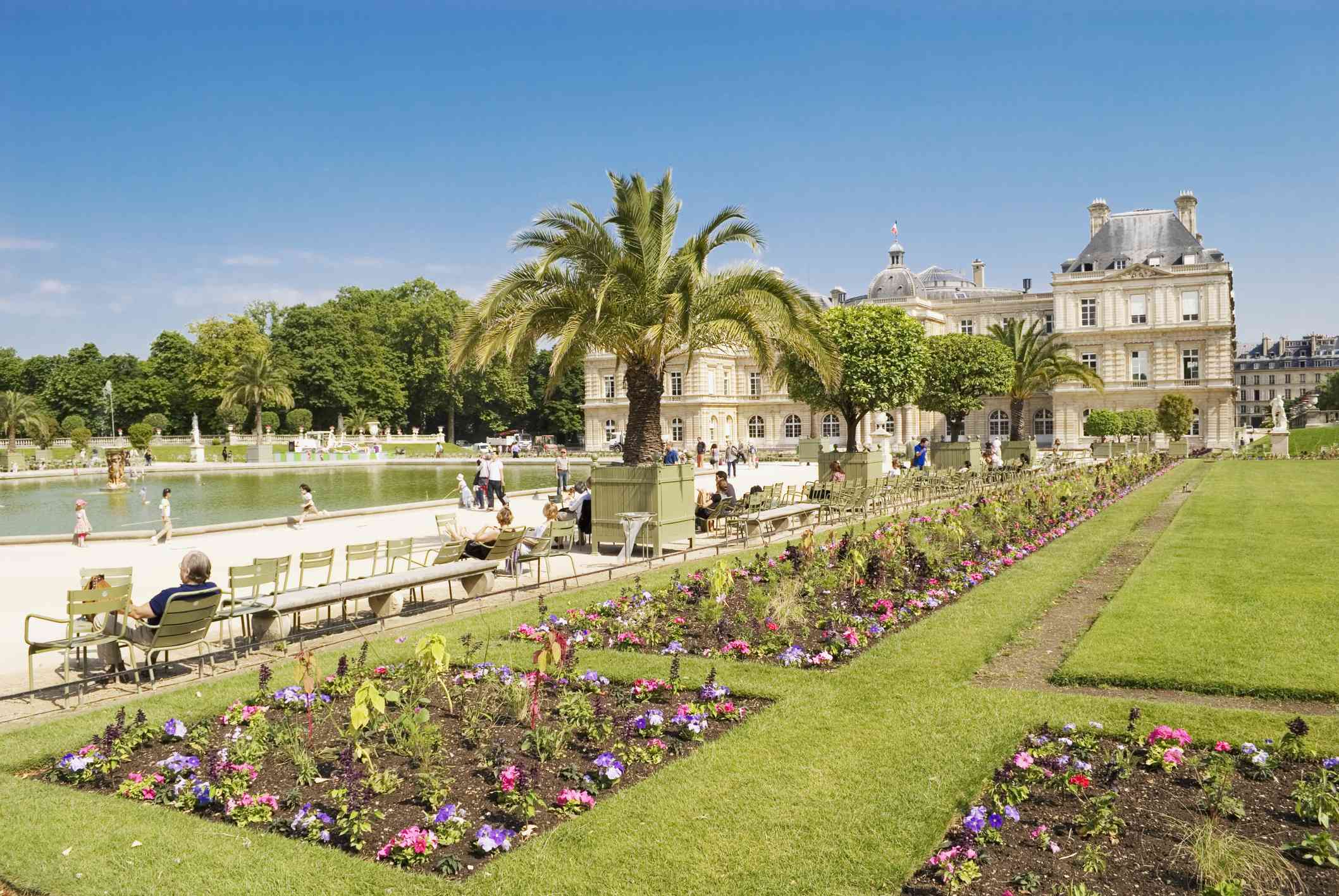 巴黎卢森堡花园修剪整齐的花园，有棕榈树和喷泉，周围是明亮的蓝色天空下的长椅