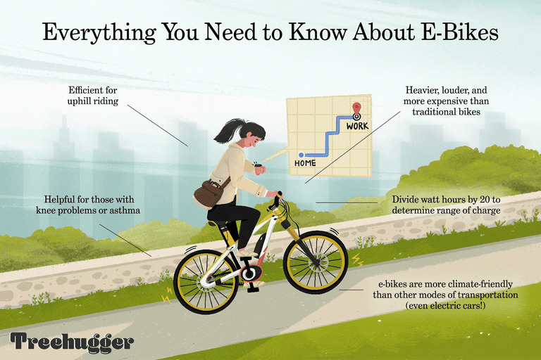 女子骑着电动自行车上山工作的彩色插图