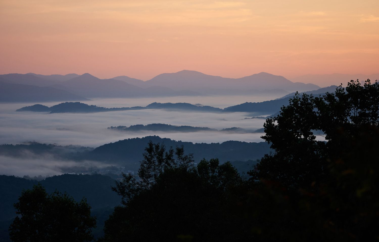 清晨的太阳从笼罩着蓝岭山脉的浓雾中升起