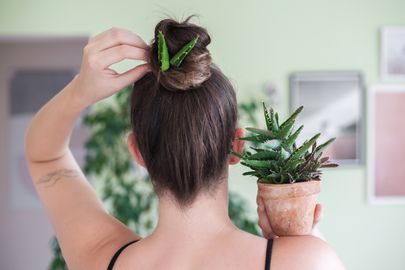 女人的后背，拿着芦荟植物的发bun头发面膜