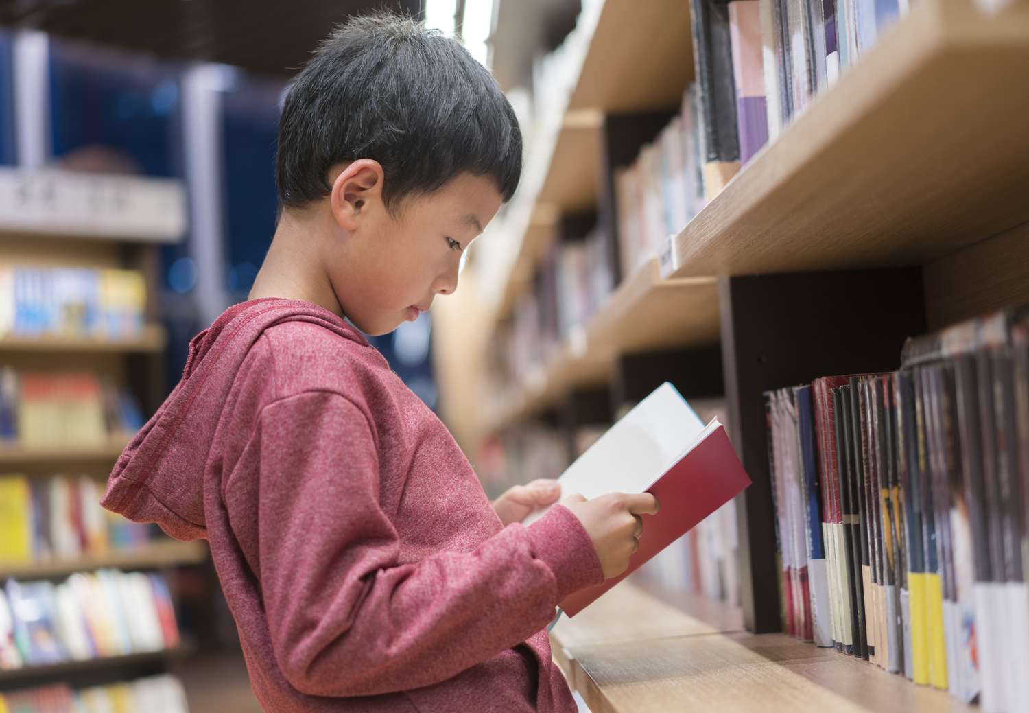 在公共图书馆，穿着红色连帽衫的小男孩站起来看书