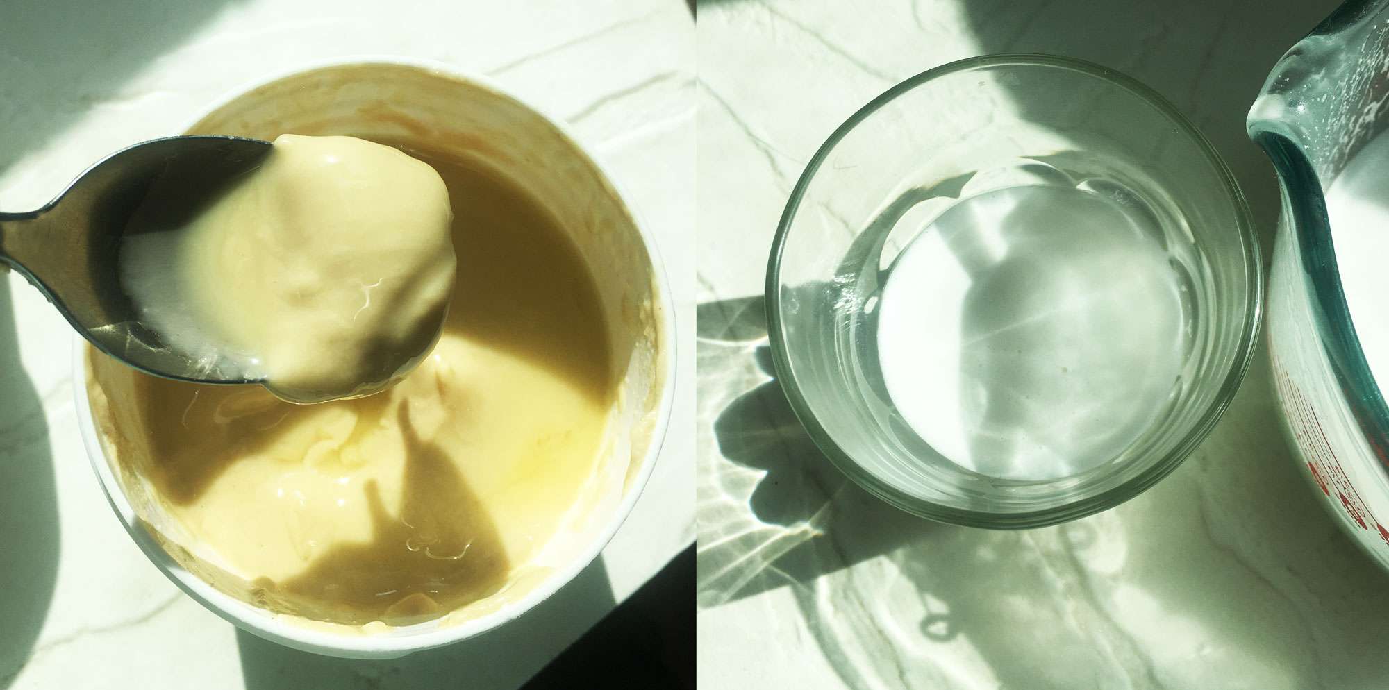 左:腰果底。右图:由JOI基料制成的腰果奶。