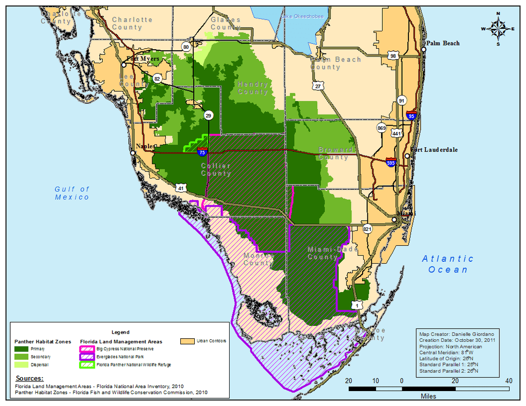 佛罗里达美洲狮活动范围的地图