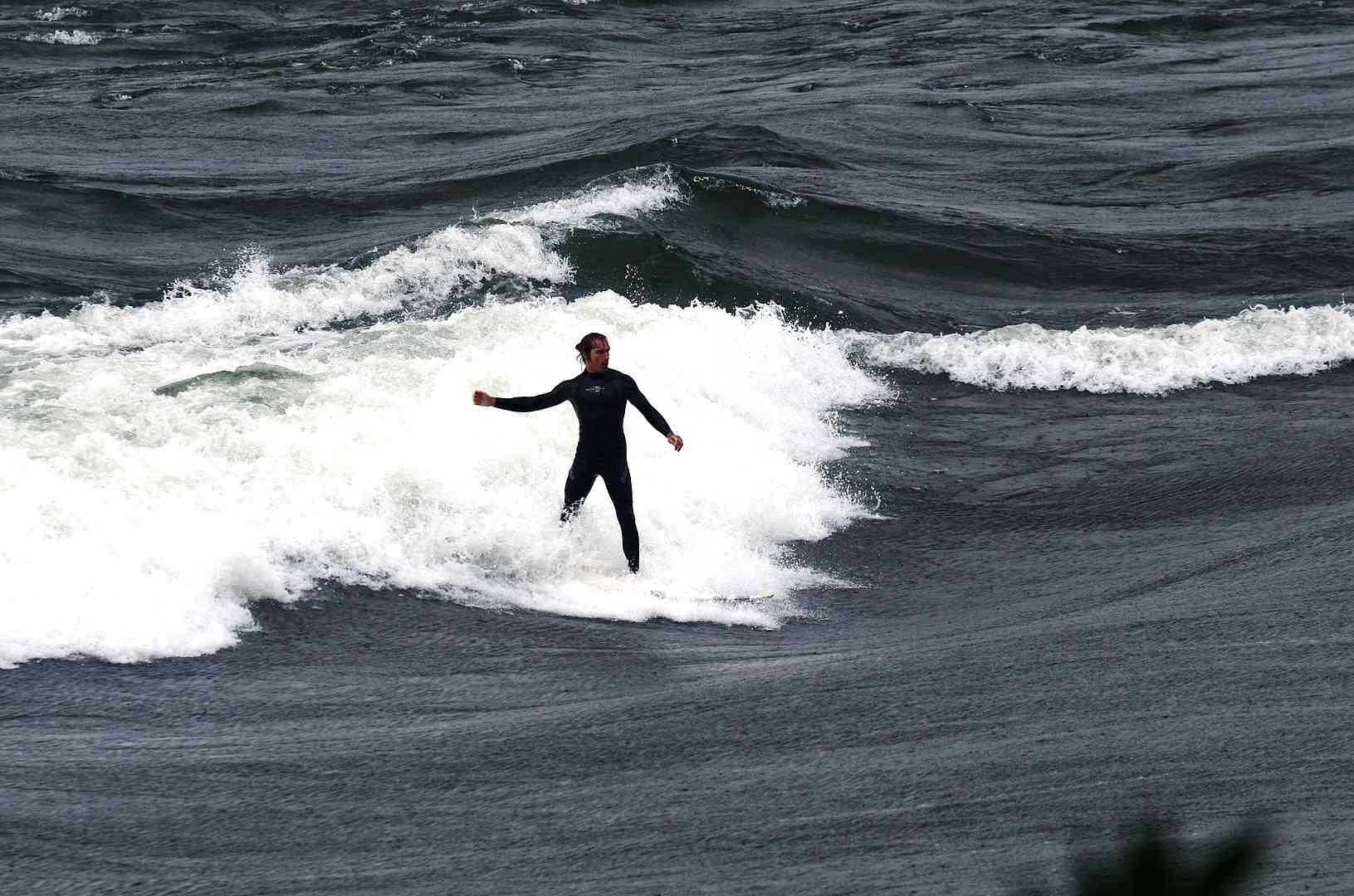 鸟瞰图。在蒙特利尔圣劳伦斯河上的栖息地67浪潮上的冲浪者