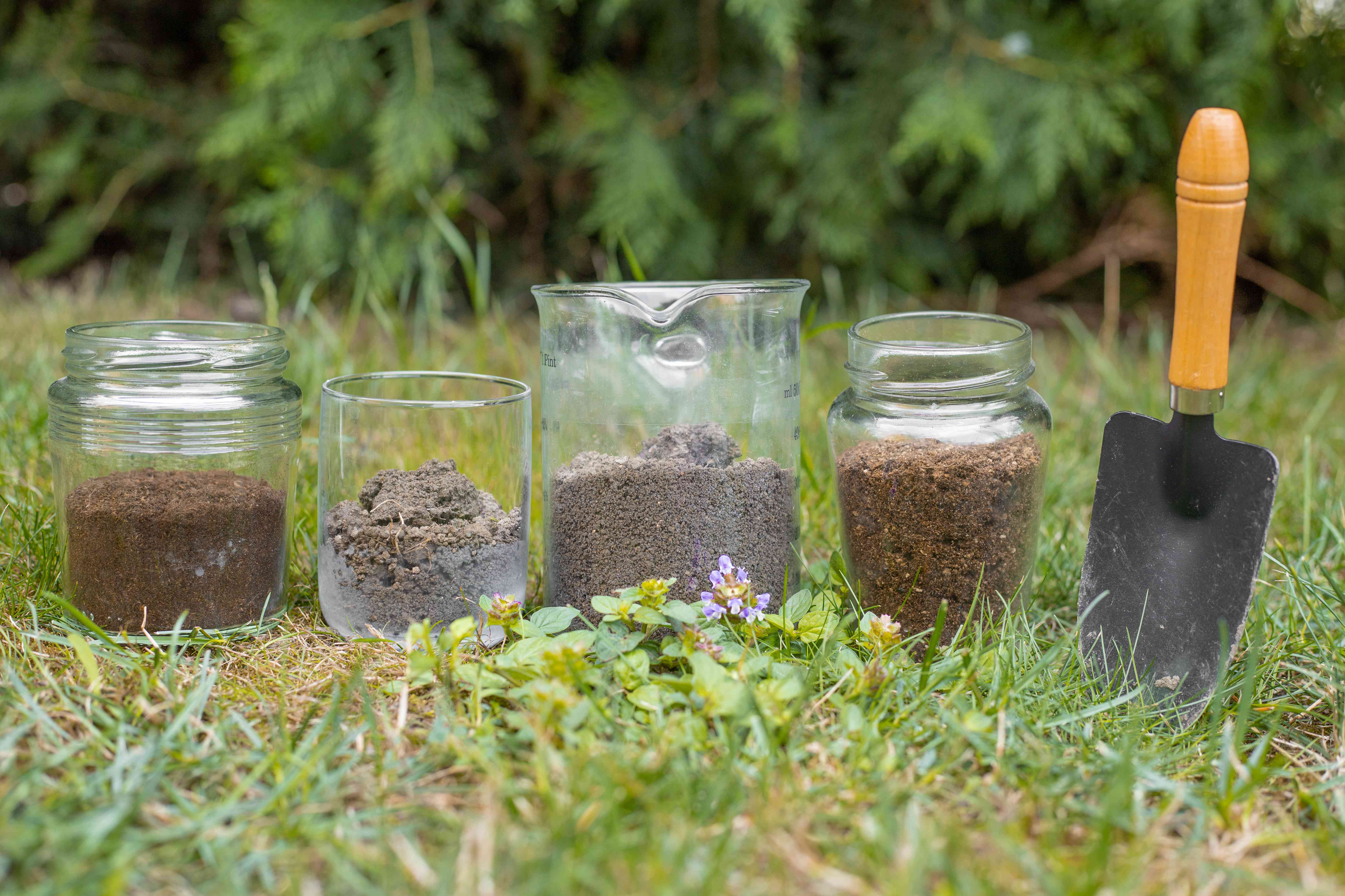 各种不同的盆栽土壤和泥土在玻璃容器外面旁边的园艺工具