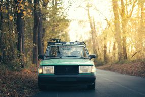 20世纪80年代的沃尔沃轿车行驶在森林中的路上