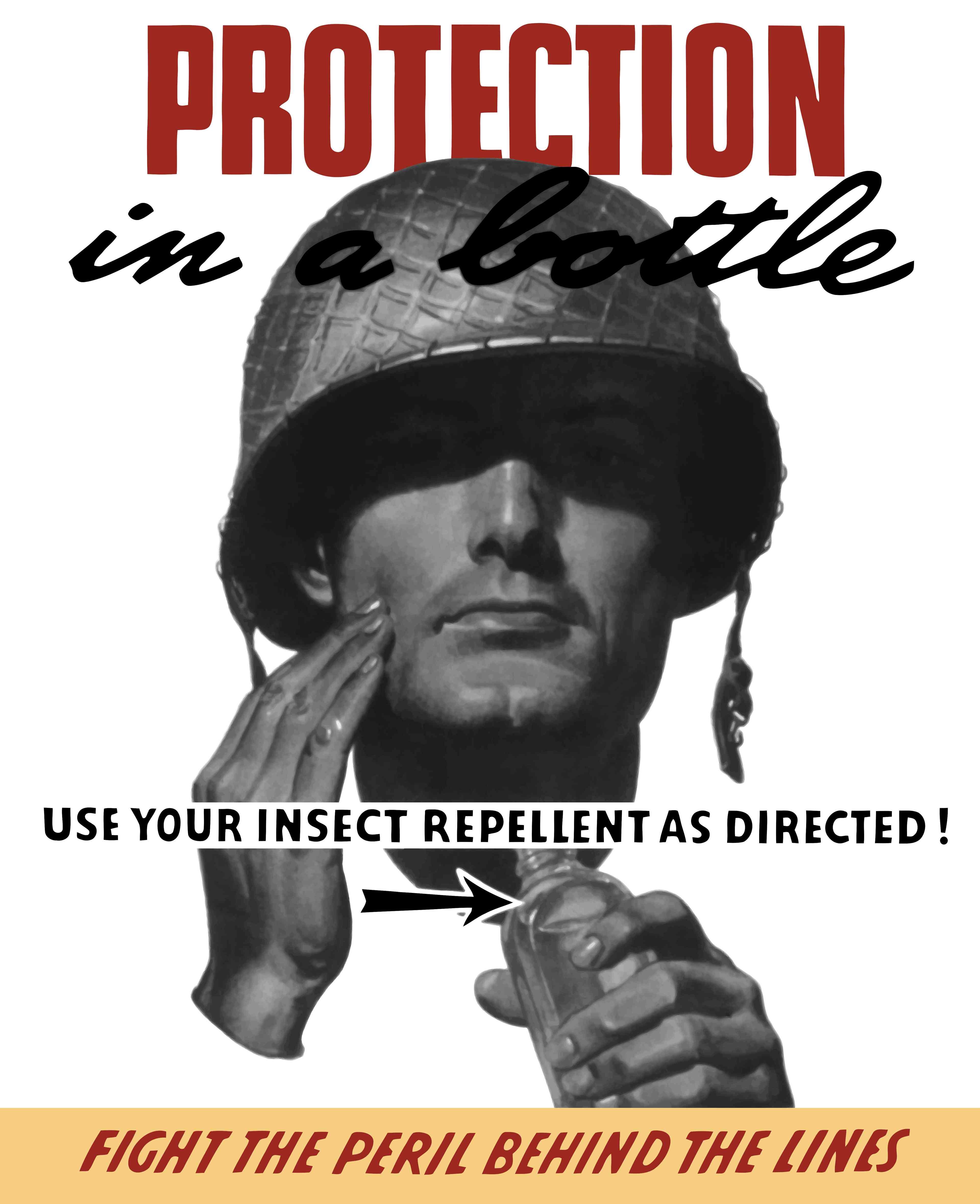 第二次世界大战期间，一名士兵使用驱蚊剂的宣传海报。＂width=