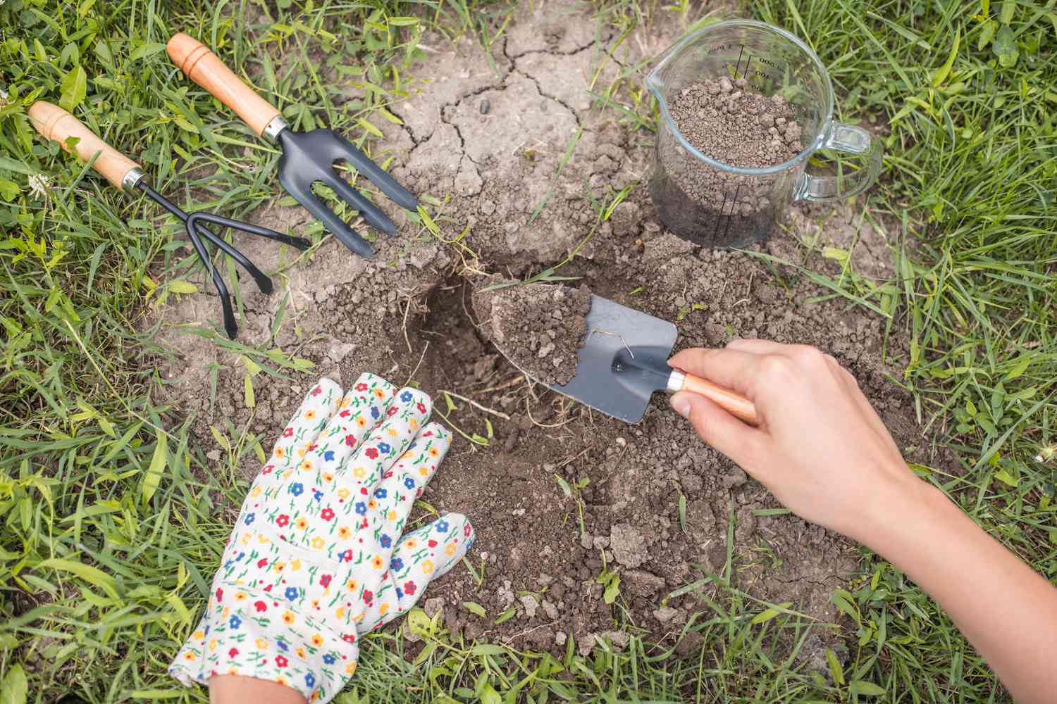 戴着园艺手套的手用铲子挖进土壤，测试土壤的pH值＂>
              </noscript>
             </div>
            </div>
            <figcaption id=