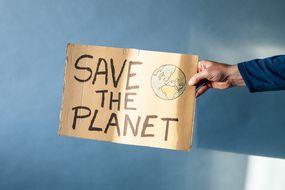 一个人的手拿着一块纸板，上面写着“拯救地球”