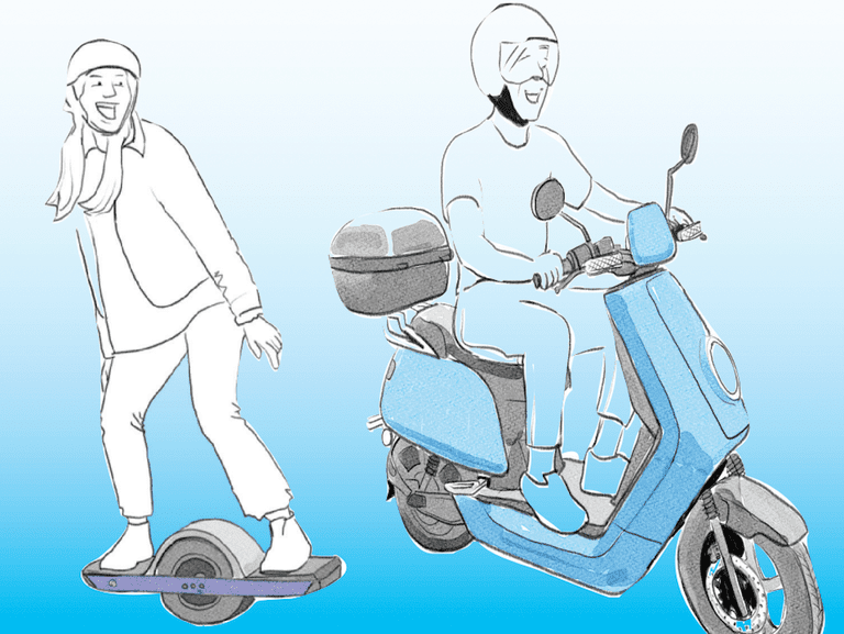 一个骑摩托车的男人和一个骑电动滑板的女人的漫画。＂class=