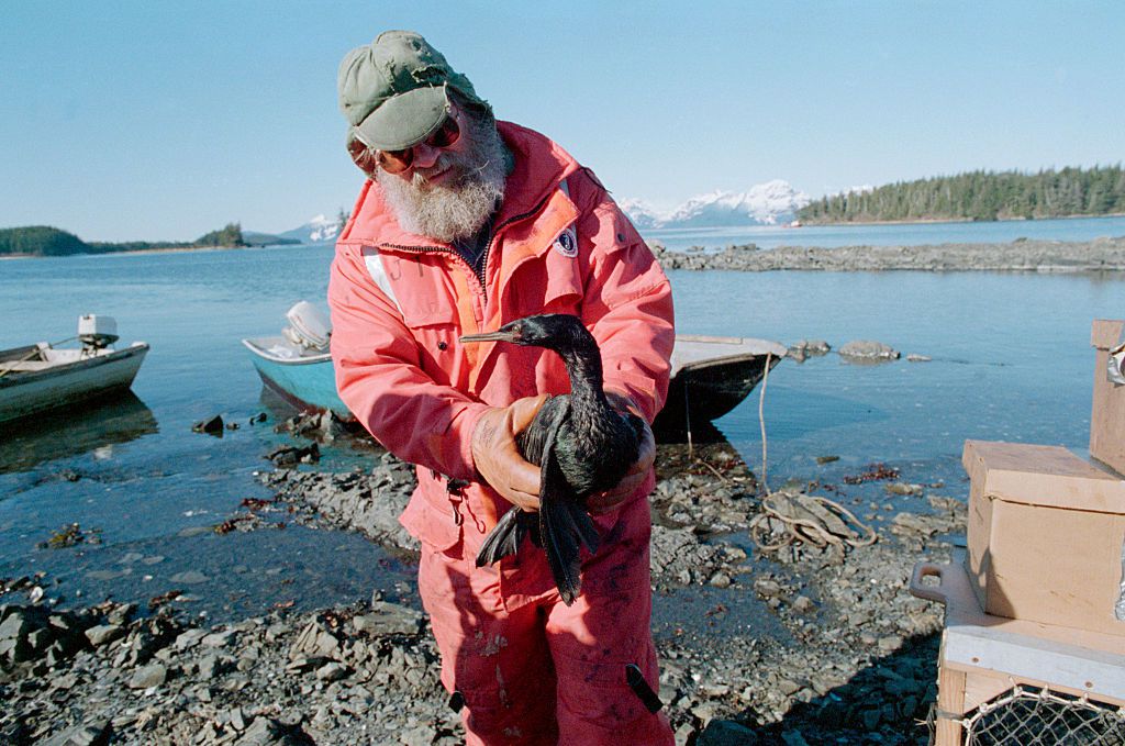 1989年4月3日，AK威廉王子湾——渔民约翰·托马斯抱着一只在威廉王子湾格林岛附近发现的被油污覆盖的海鸟，人们继续努力帮助这些动物免受美国历史上最严重的石油泄漏的影响。＂width=