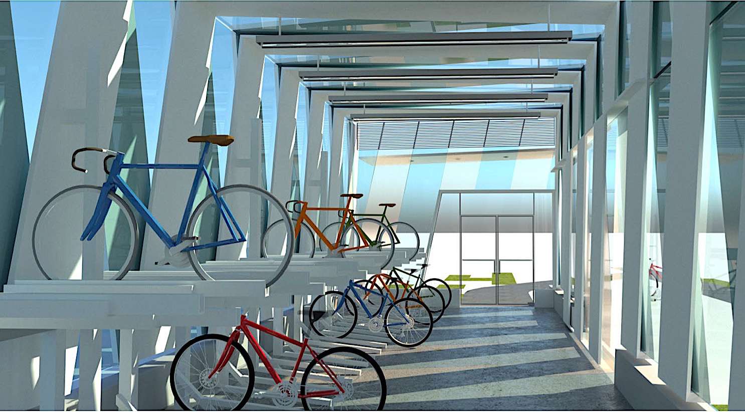 存储在白色存储中心中的自行车的渲染