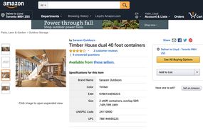 亚马逊列表的截图＂Timber House dual 40 foot containers