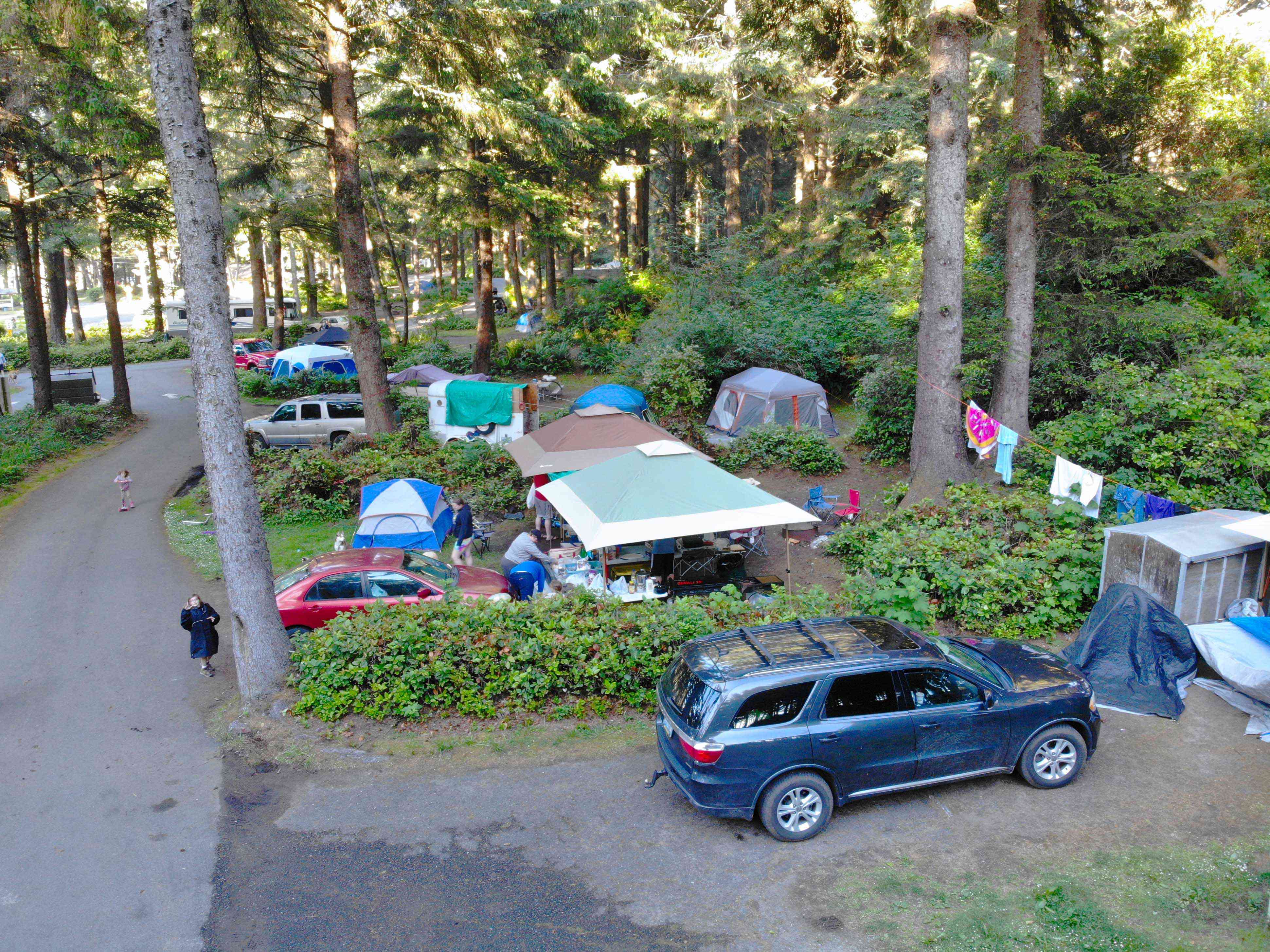 繁忙的，满是树的露营地挤满了汽车和人们来来往往的帐篷