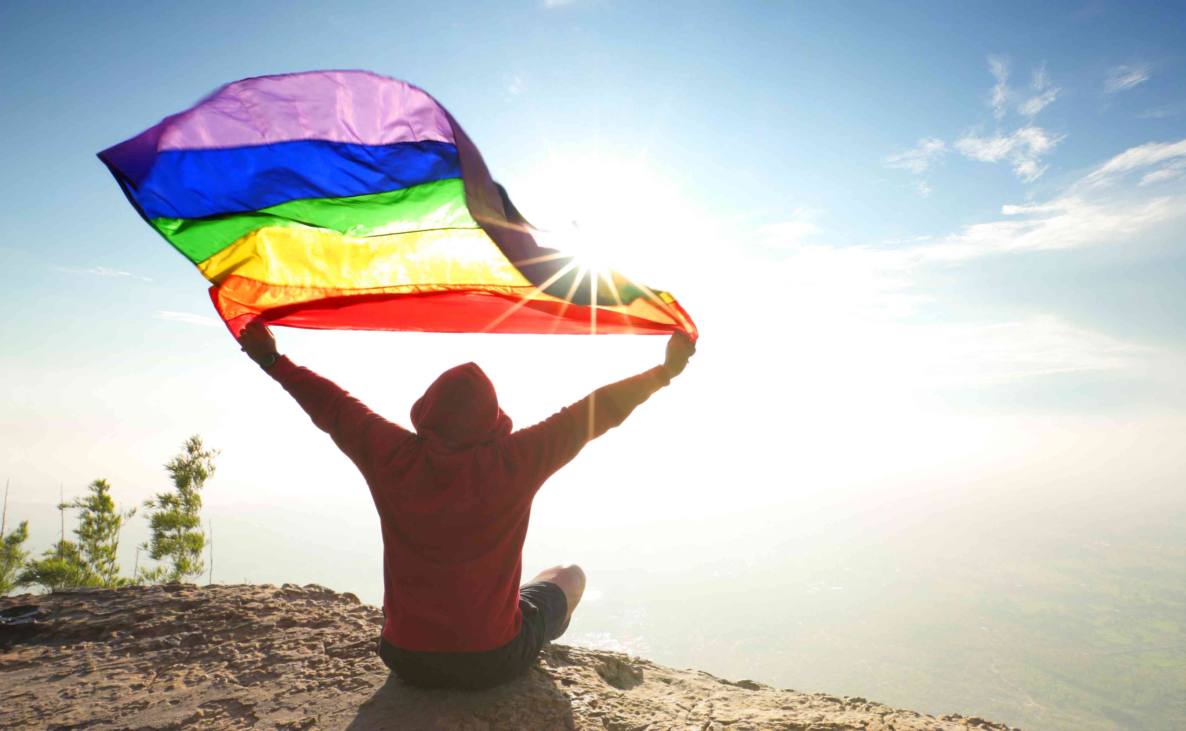一名男子坐在山顶上举起彩虹LGBT标志旗帜，迎向阳光明媚的蓝天＂width=