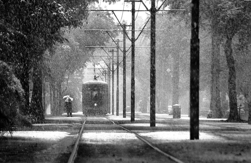 新奥尔良圣查尔斯大道的历史照片，雪地里的有轨电车