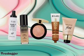 Milani彩妆产品，从左起:Make It Dewy定型喷雾;米兰尼隐藏+完美二合一粉底和遮瑕膏;古铜色化妆品;容光焕发的肤色;柔和焦点辉光肤色增强