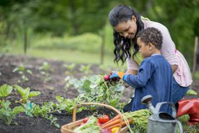 一位母亲和她的儿子跪在他们的菜园旁边，手里拿着他们刚摘的农产品，他们旁边是一个装满蔬菜的篮子和一个喷壶。