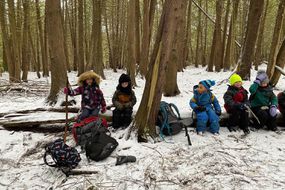 孩子们坐在一个日志在森林学校背包”width=