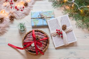 multiple presents wrapped without wrapping paper baskets fabric twine