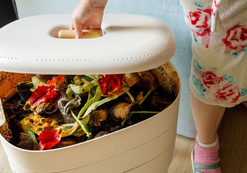 Person lifting the lid of a worm compost bin to reveal food scraps and flower petals.