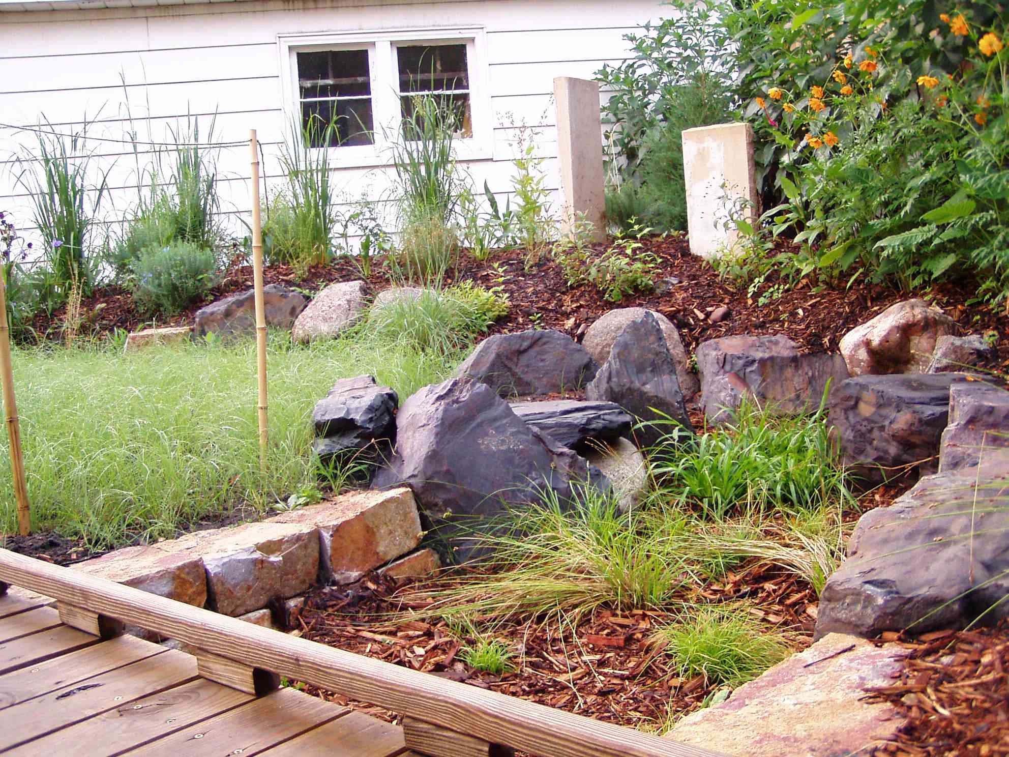后院有大石头和木板路的雨花园＂width=
