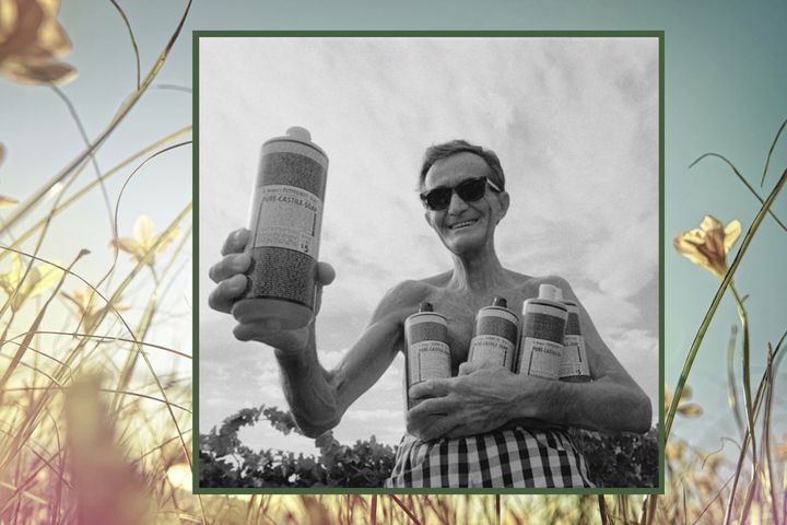 Old snapshot of Dr Bronner on top of an image of a meadow