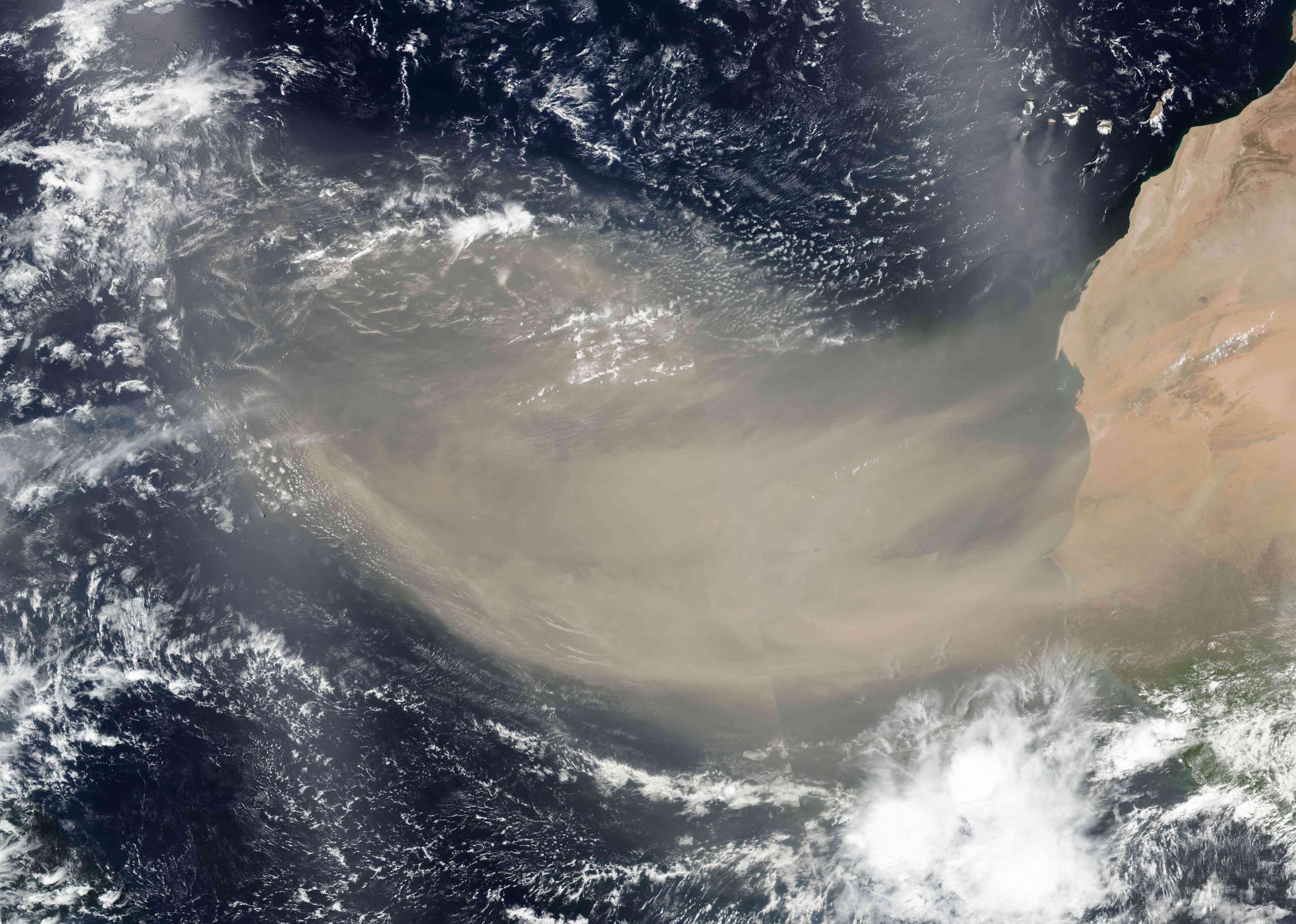 卫星图像的撒哈拉沙漠的沙尘流和云。”width=