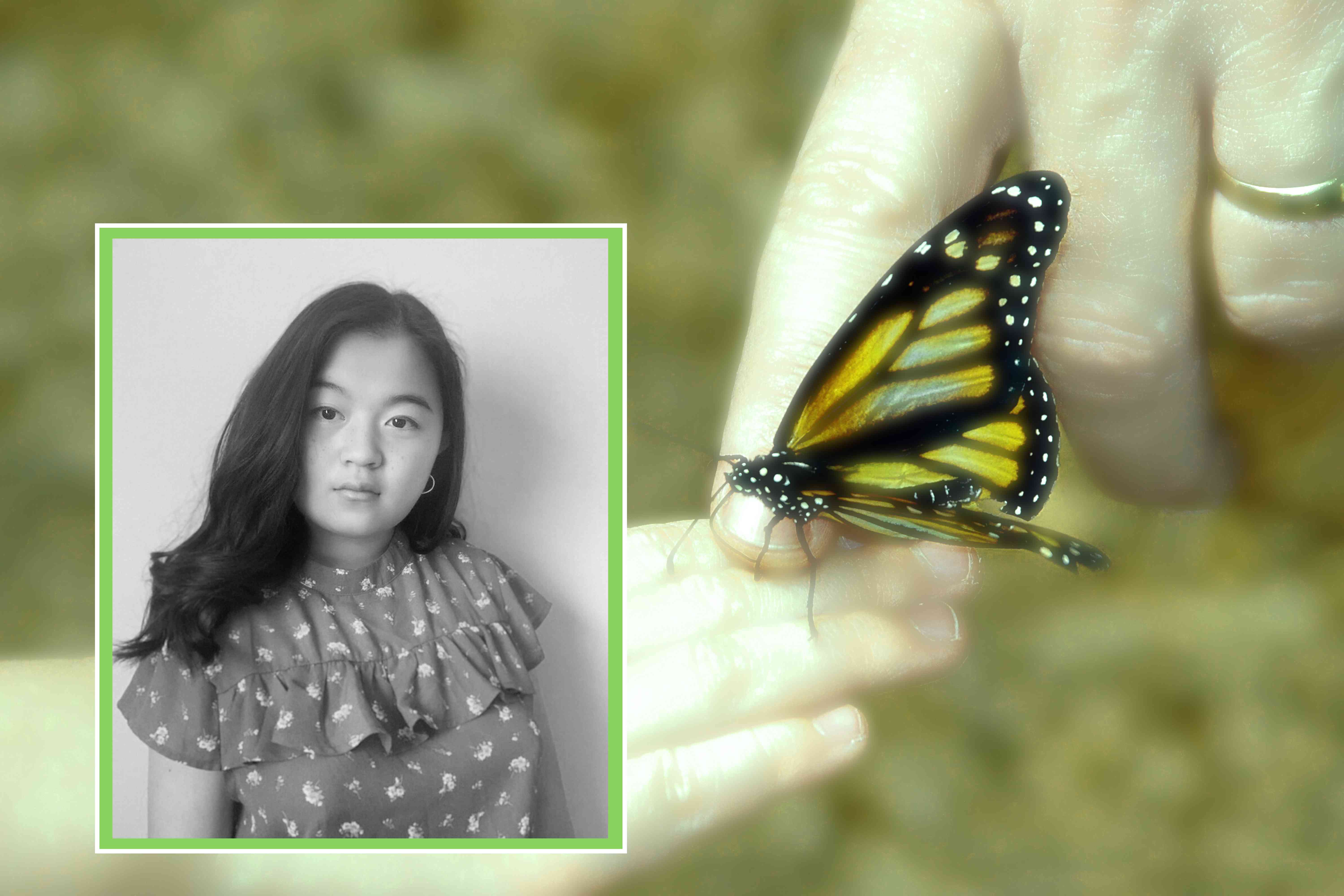 梅根·陈在一张两只手和一只蝴蝶的照片前