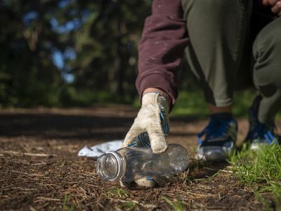 女人收集塑料垃圾在森林