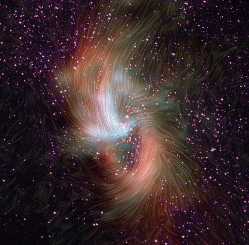 流线显示了磁场在银河系大巨大黑洞周围的尘土飞扬的颜色图像上分层。