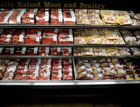 超市肉和家禽过道，带有各种预包装的肉“width=