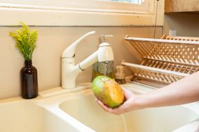 人们在厨房的水槽里用流动的水清洗大的新鲜芒果