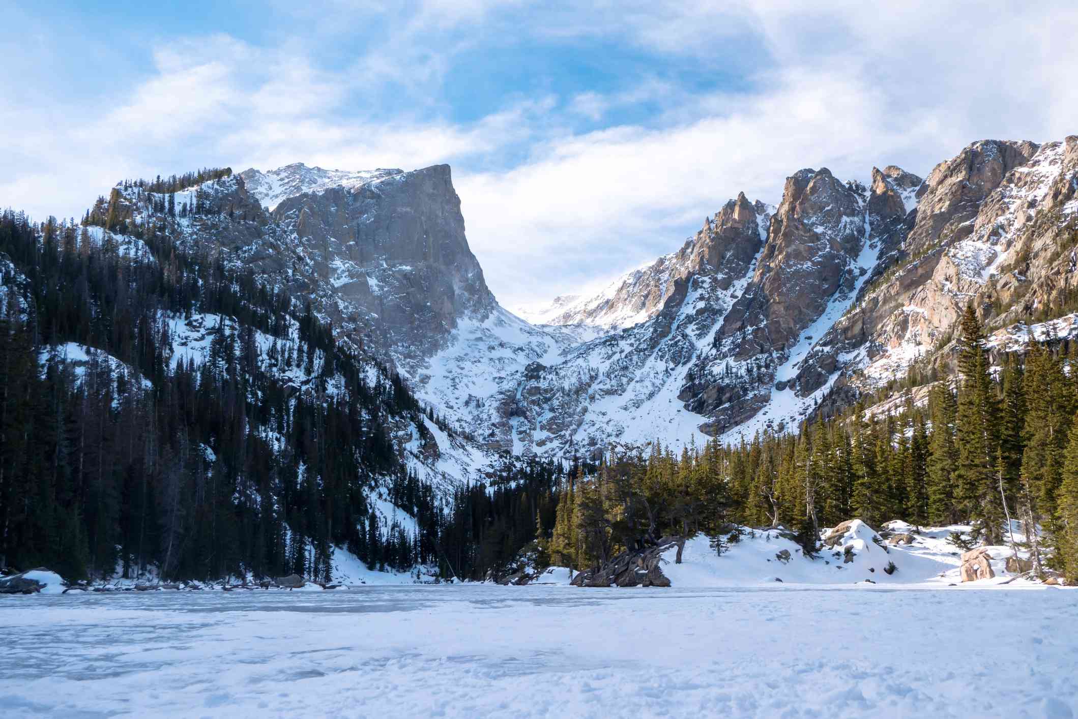 雪覆盖与常青树和雪盖的岩石山的地面在背景和蓝天与上面白色云彩