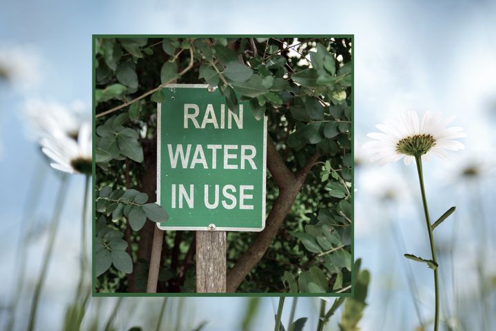 A rain water sign in front of a meadow background
