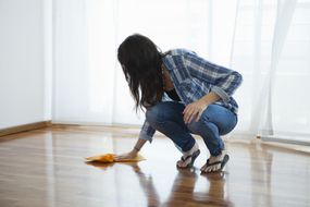 女人在擦硬木地板