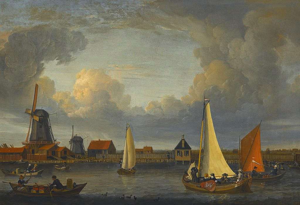 1679年，渔民划着小船的河流风景。
