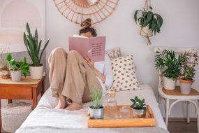 女人在床上看书，周围有各种各样的植物在椅子和托盘上＂width=