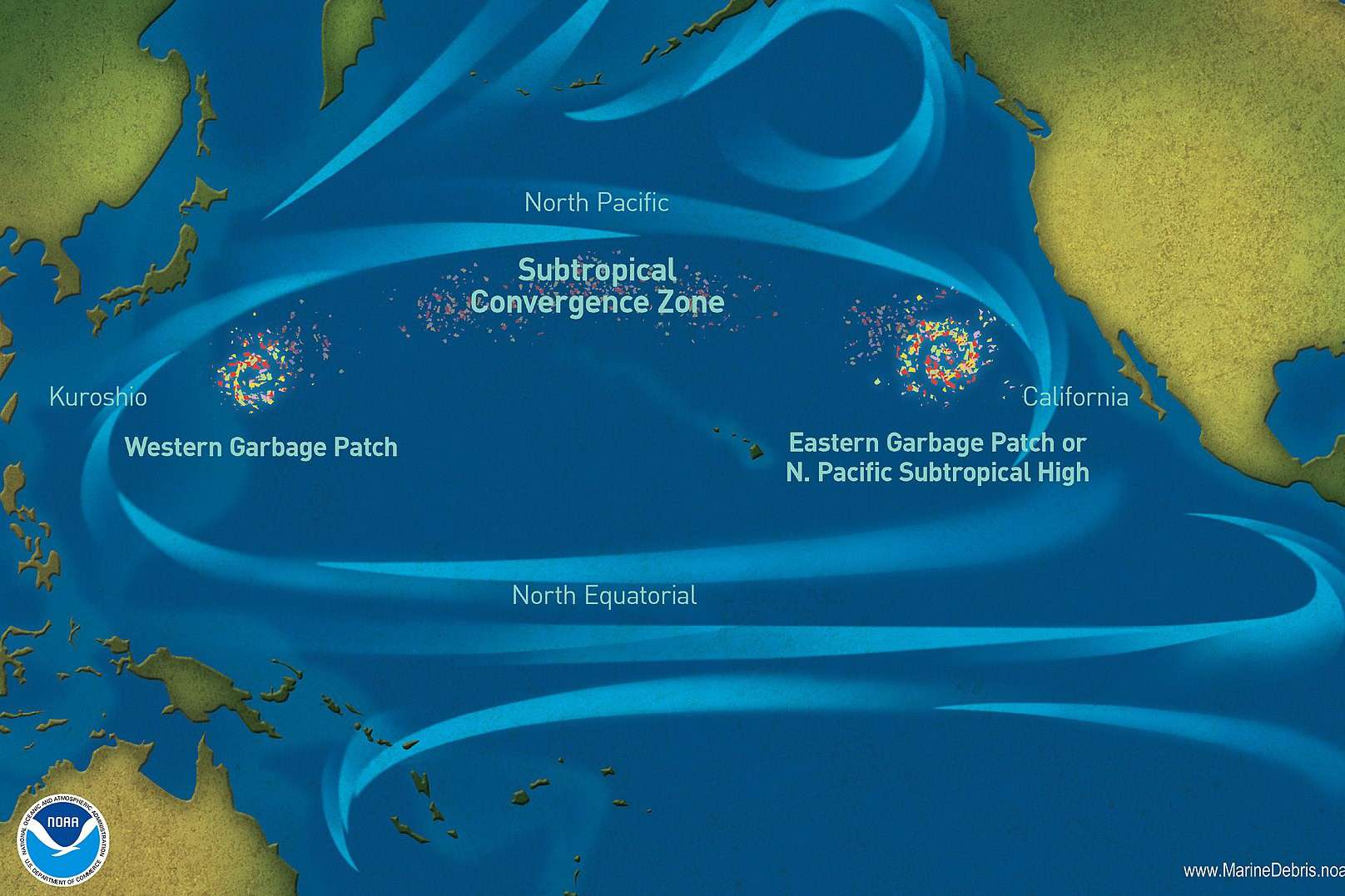 四个洋流的地图，这些洋流构成了大太平洋垃圾斑块和收敛区域的地图“width=