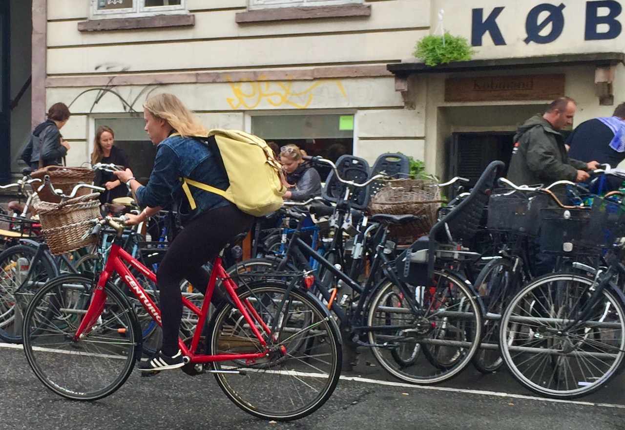 哥本哈根的一个女人，边骑自行车边看手机