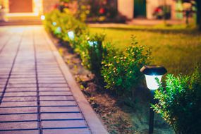 晚上，太阳能灯照亮了铺着砖的道路，道路上点缀着植物。＂width=