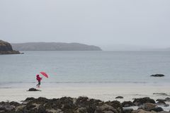 有伞的人在有风海滩，斯凯岛，苏格兰的岛