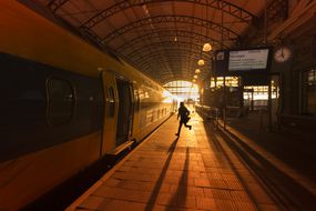 一名男子在海牙荷兰斯波尔火车站赶火车＂width=